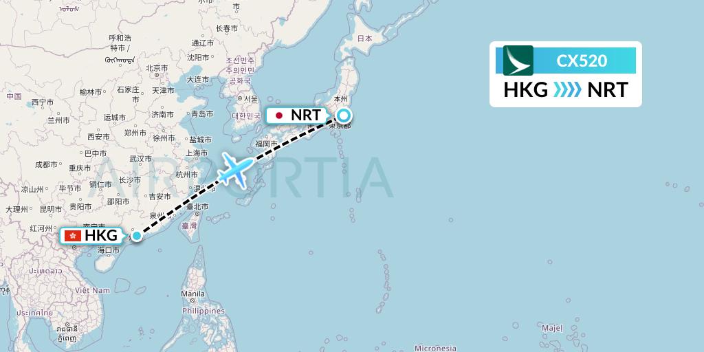 CX520 Cathay Pacific Flight Map: Hong Kong to Tokyo
