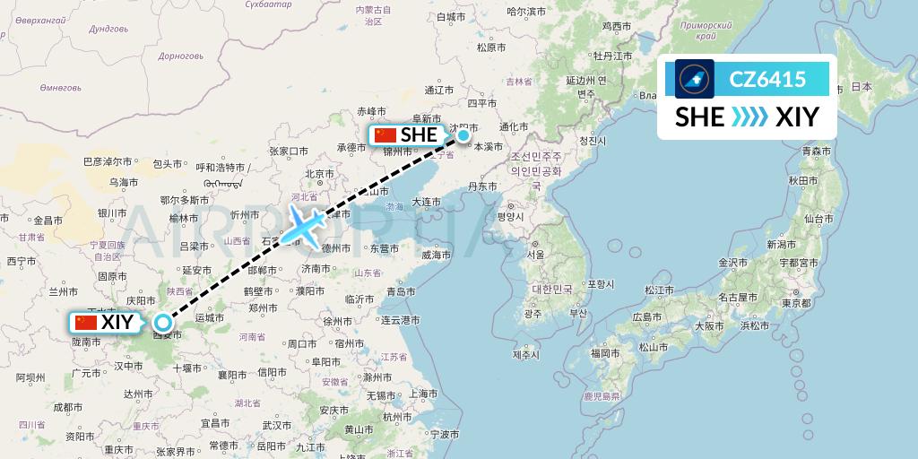 CZ6415 China Southern Airlines Flight Map: Shenyang to Xi'an