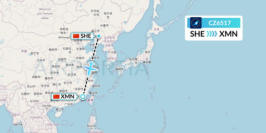 CZ6517 China Southern Airlines Flight Map: Shenyang to Xiamen