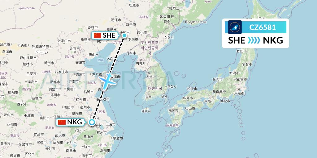 CZ6581 China Southern Airlines Flight Map: Shenyang to Nanjing