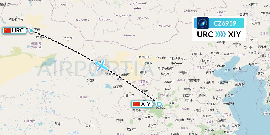 CZ6959 China Southern Airlines Flight Map: Urumqi to Xi'an