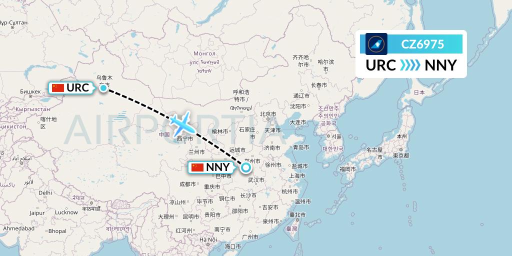 CZ6975 China Southern Airlines Flight Map: Urumqi to Nanyang