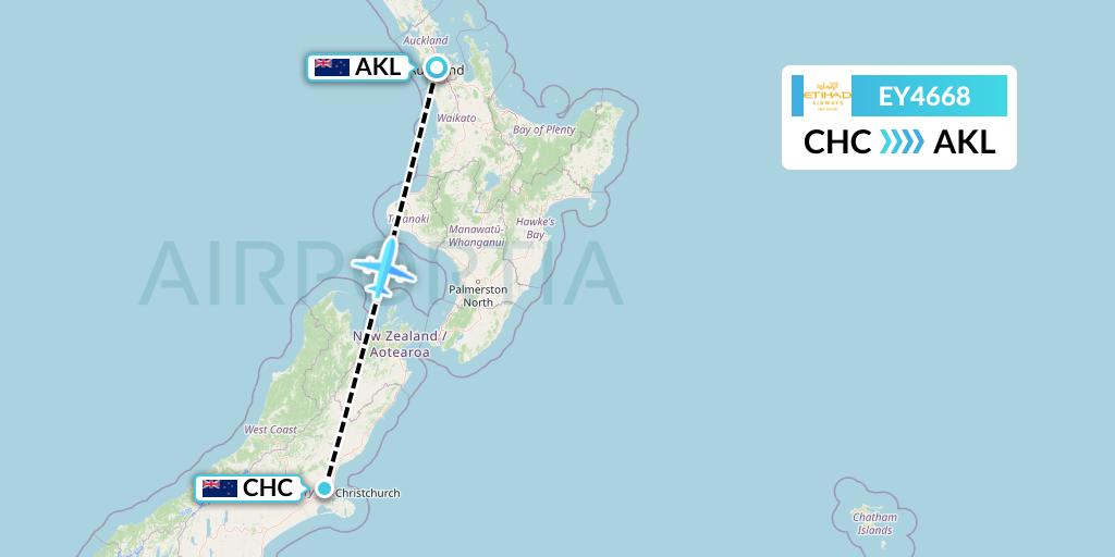EY4668 Etihad Airways Flight Map: Christchurch to Auckland