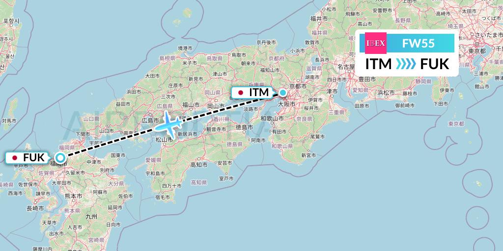 FW55 Ibex Airlines Flight Map: Osaka to Fukuoka