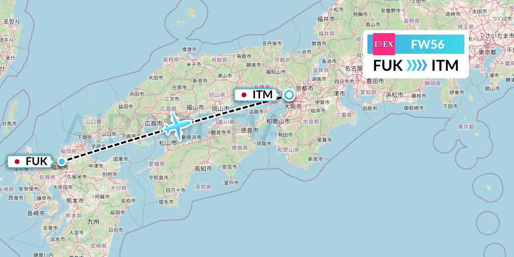 FW56 Ibex Airlines Flight Map: Fukuoka to Osaka