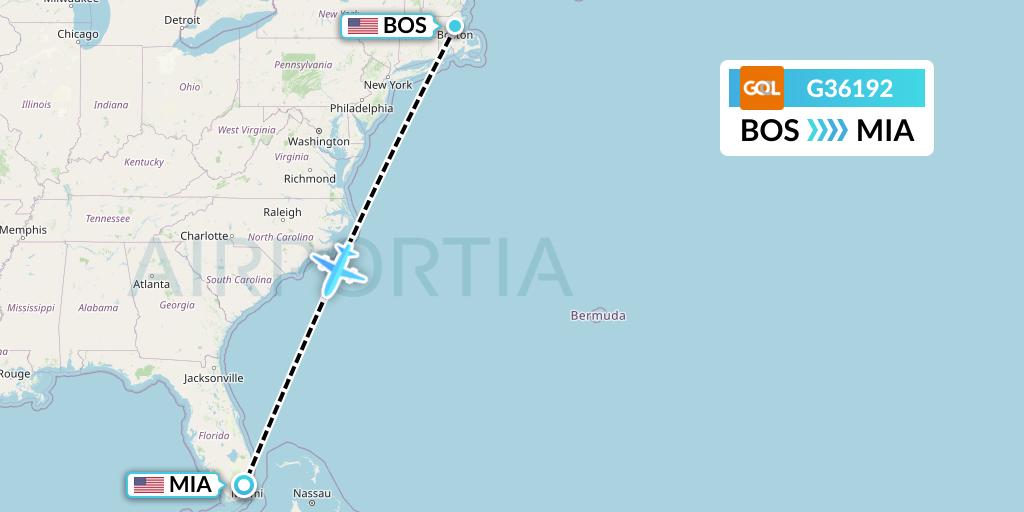 G36192 GOL Transportes Aeros Flight Map: Boston to Miami