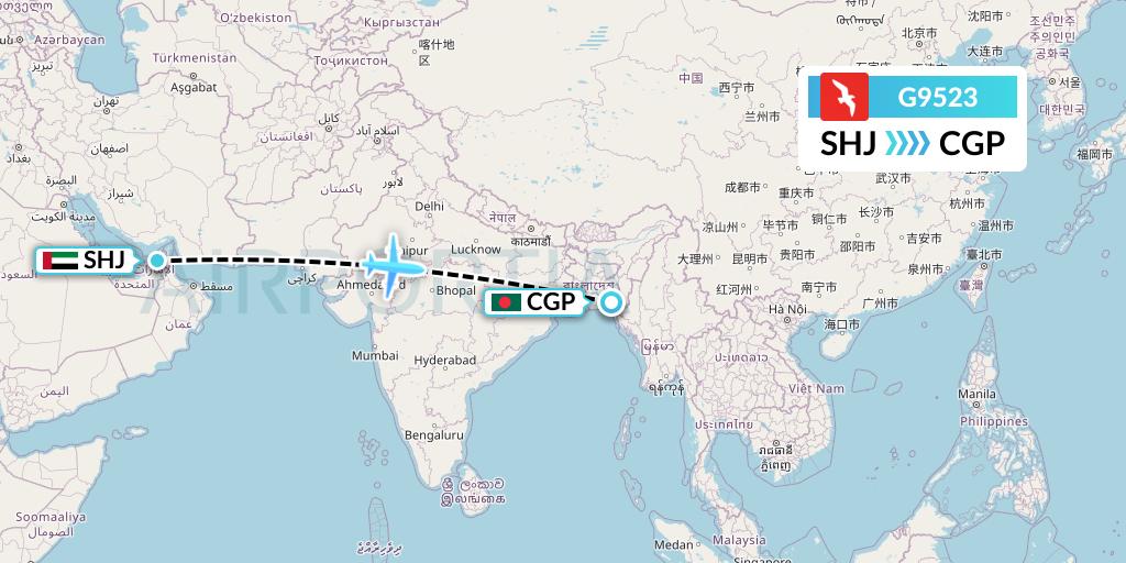 G9523 Air Arabia Flight Map: Sharjah to Chittagong