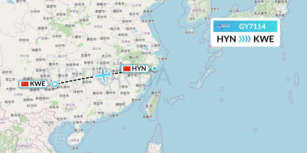 GY7114 Colorful GuiZhou Airlines Flight Map: Huangyan to Guiyang