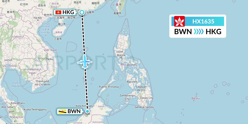HX1635 Hong Kong Airlines Flight Map: Brunei to Hong Kong