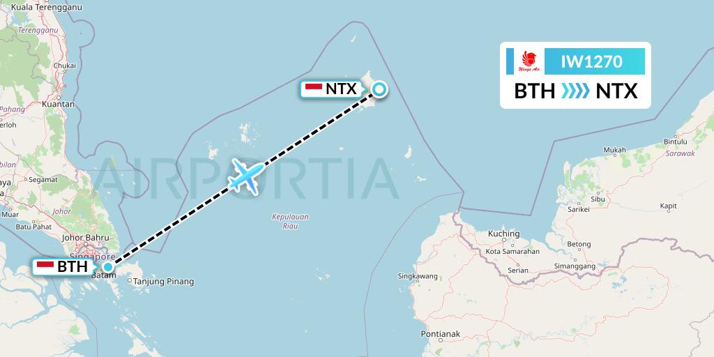 IW1270 Wings Air Flight Map: Batam to Ranai-Natuna Besar Island