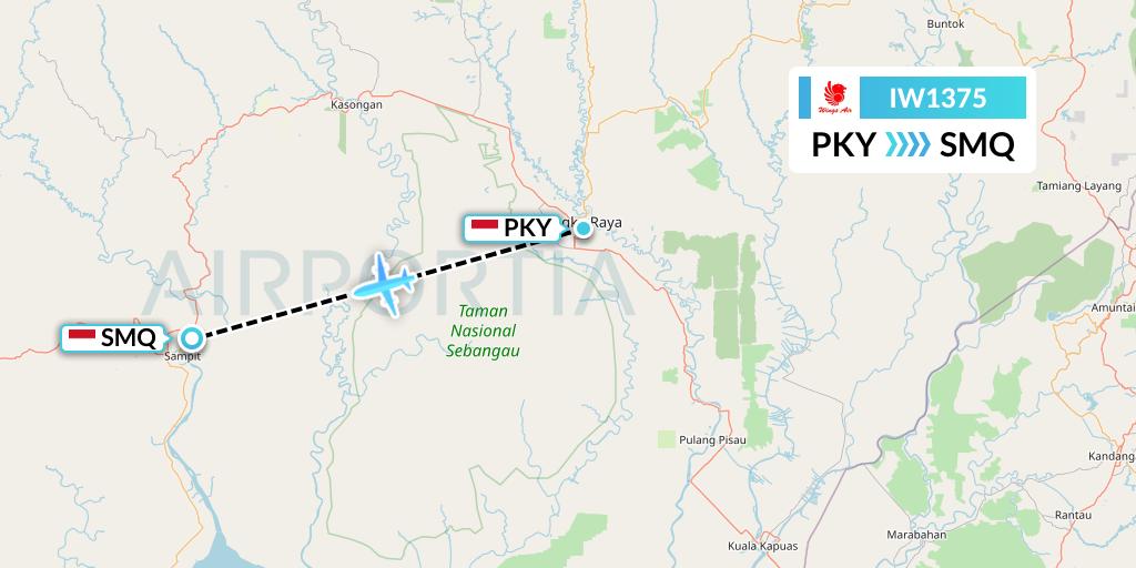 IW1375 Wings Air Flight Map: Palangkaraya to Sampit Airport