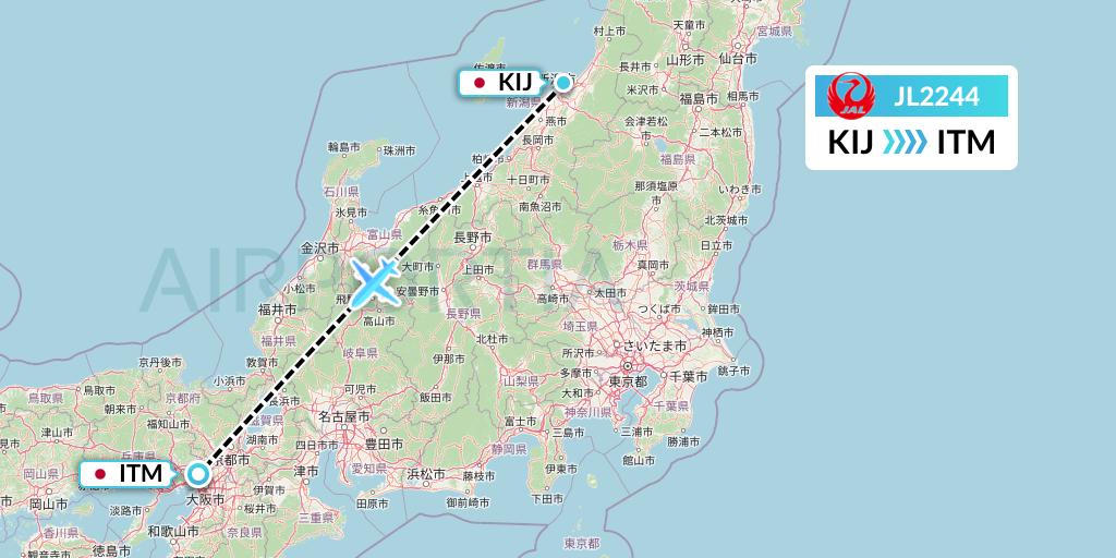 JL2244 Japan Airlines Flight Map: Niigata to Osaka