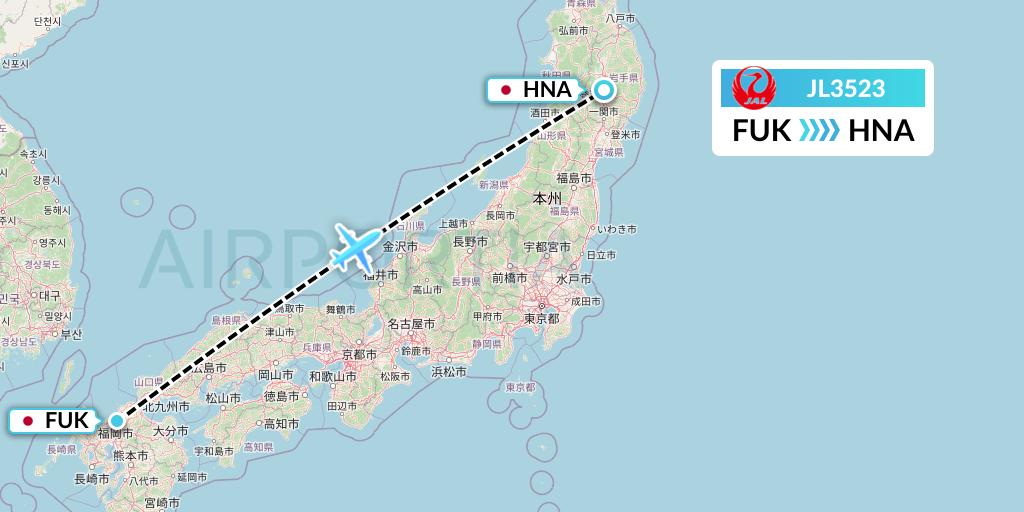 JL3523 Japan Airlines Flight Map: Fukuoka to Hanamaki