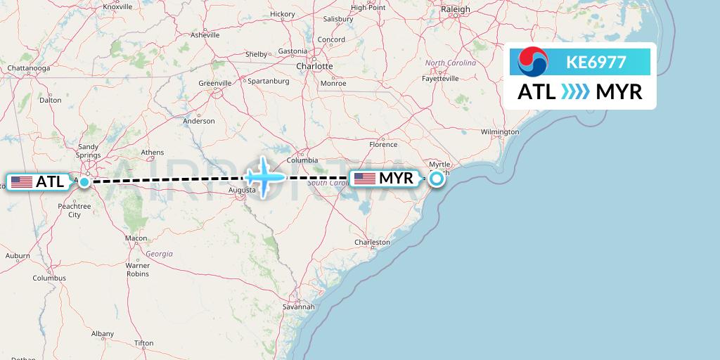 KE6977 Korean Air Flight Map: Atlanta to Myrtle Beach
