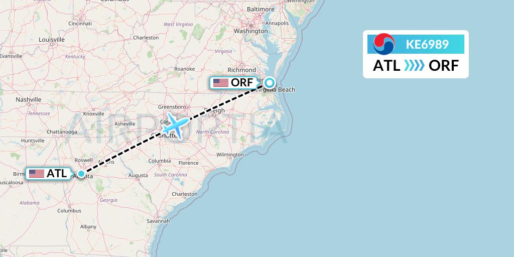 KE6989 Korean Air Flight Map: Atlanta to Norfolk