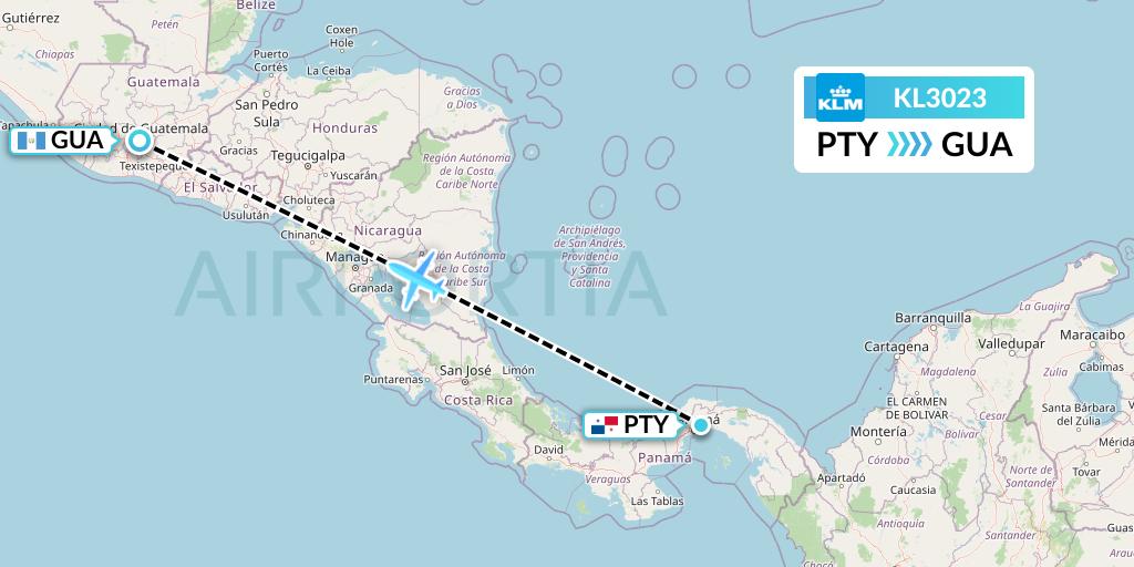 KL3023 KLM Flight Map: Panama City to Guatemala City