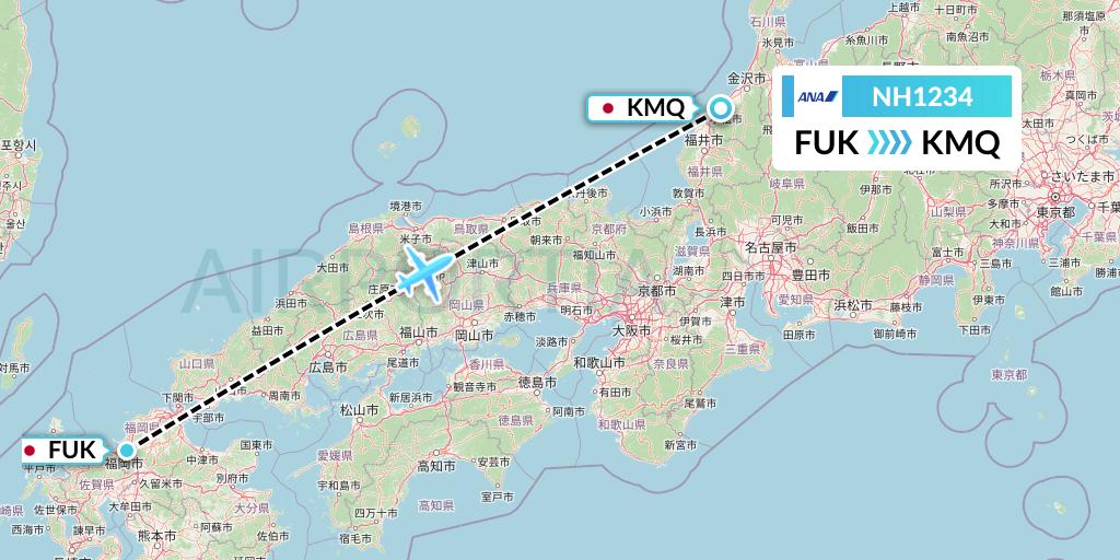 NH1234 All Nippon Airways Flight Map: Fukuoka to Komatsu