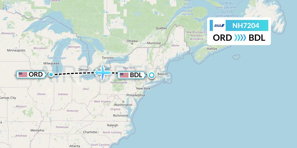 NH7204 All Nippon Airways Flight Map: Chicago to Windsor Locks