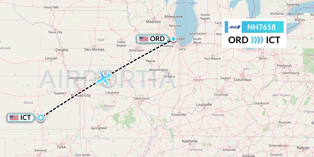NH7618 All Nippon Airways Flight Map: Chicago to Wichita