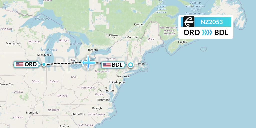 NZ2053 Air New Zealand Flight Map: Chicago to Windsor Locks