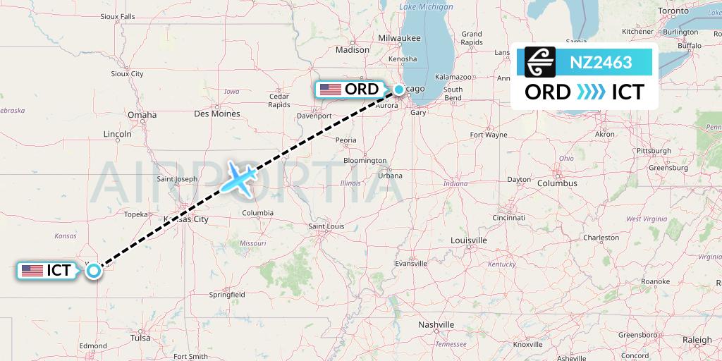 NZ2463 Air New Zealand Flight Map: Chicago to Wichita