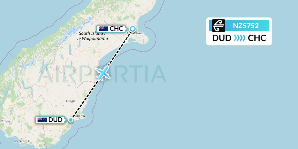 NZ5752 Air New Zealand Flight Map: Dunedin to Christchurch