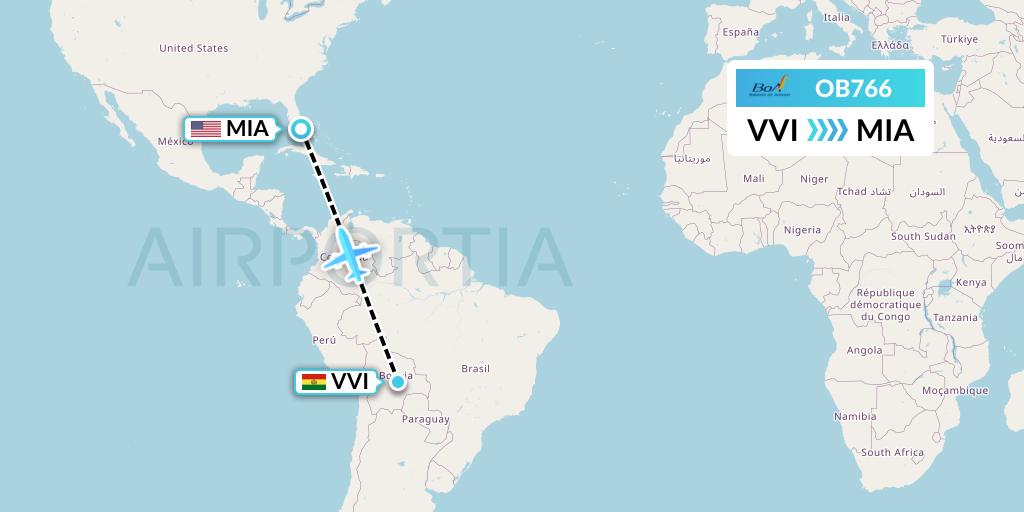 OB766 Boliviana de Aviacion Flight Map: Santa Cruz to Miami