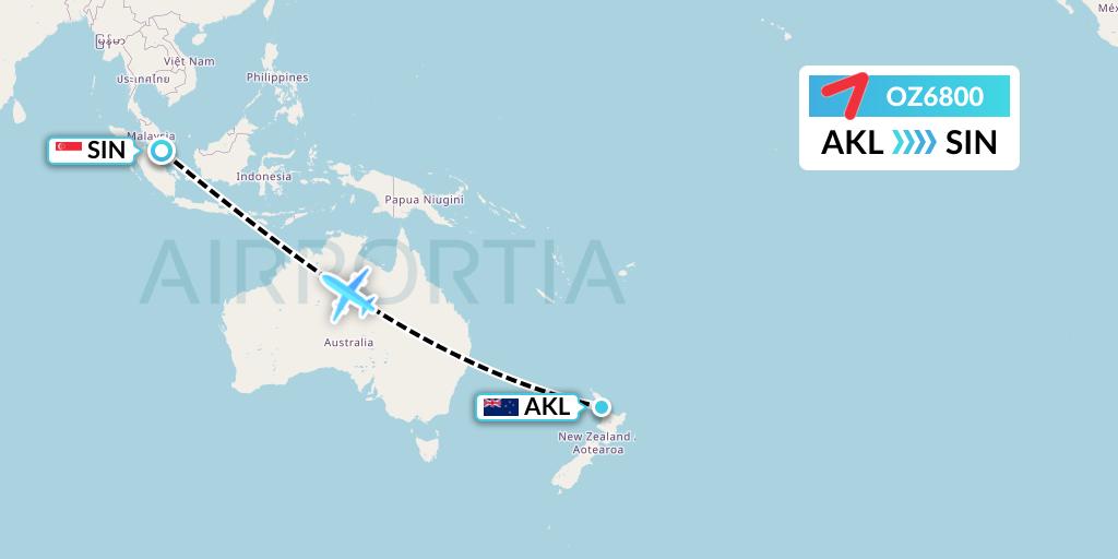 OZ6800 Asiana Airlines Flight Map: Auckland to Singapore