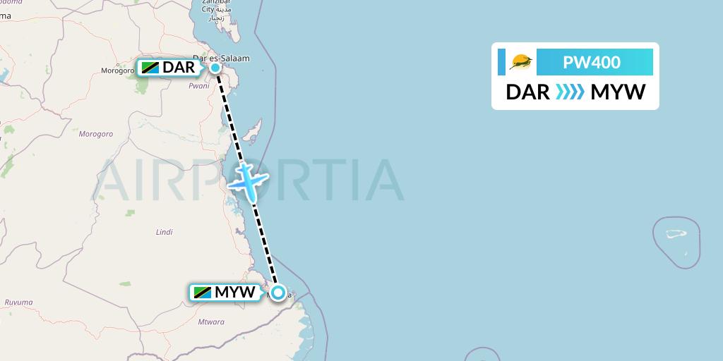 PW400 Precision Air Flight Map: Dar-es-Salaam to Mtwara