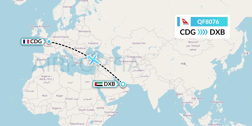QF8076 Qantas Flight Map: Paris to Dubai