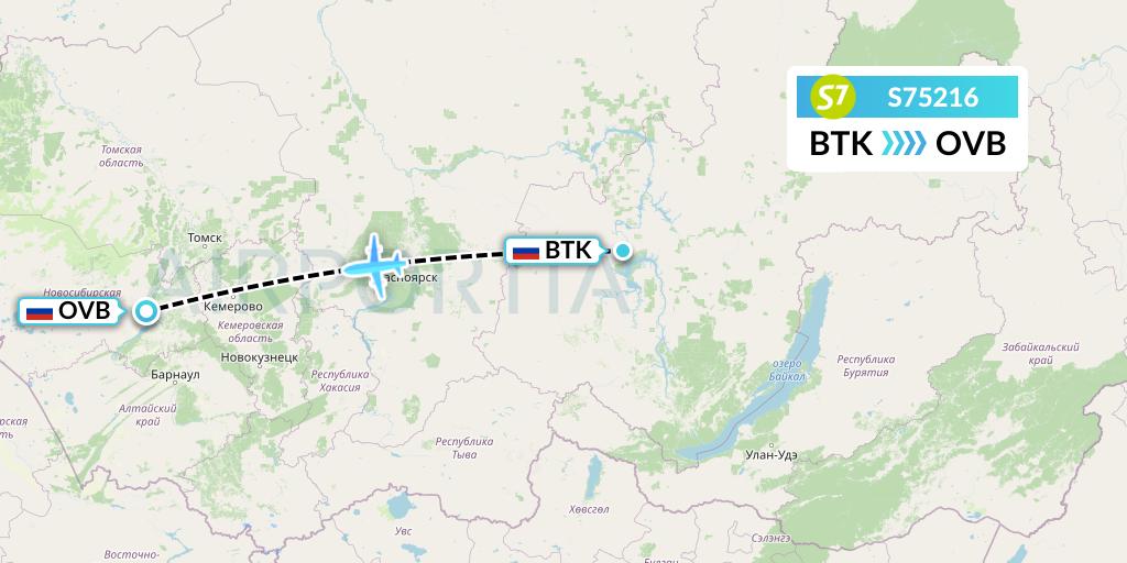 S75216 S7 Airlines Flight Map: Bratsk to Novosibirsk