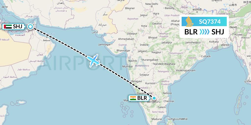 SQ7374 Singapore Airlines Flight Map: Bangalore to Sharjah