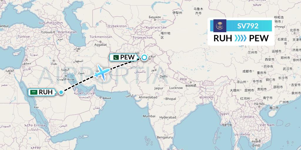 SV792 Saudi Arabian Airlines Flight Map: Riyadh to Peshawar