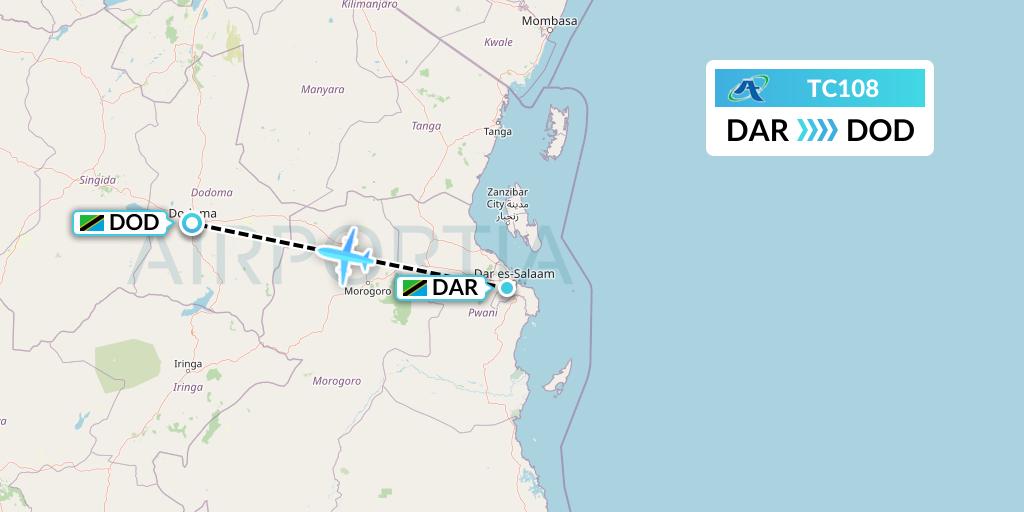 TC108 Air Tanzania Flight Map: Dar-es-Salaam to Dodoma