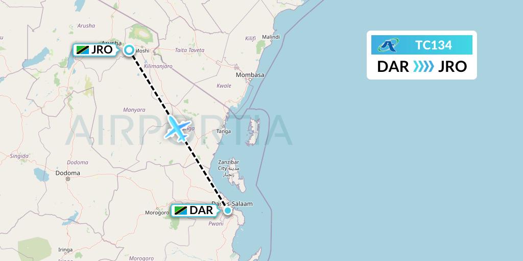 TC134 Air Tanzania Flight Map: Dar-es-Salaam to Kilimanjaro