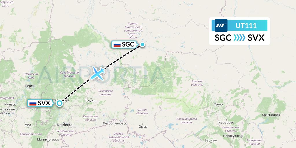 UT111 UTair Flight Map: Surgut to Yekaterinburg