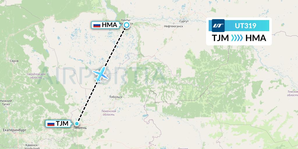UT319 UTair Flight Map: Tyumen to Khanty-Mansiysk