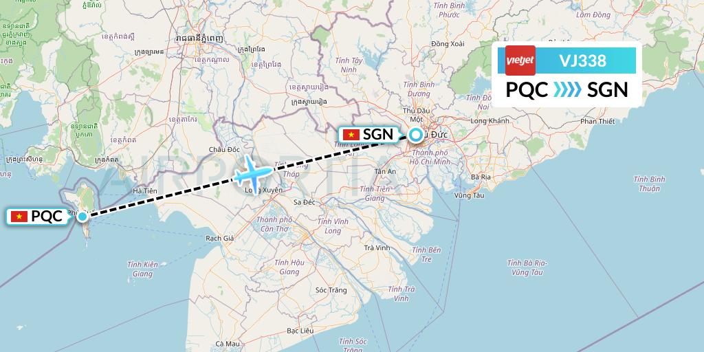 VJ338 VietJet Air Flight Map: Phu Quoc to Ho Chi Minh City