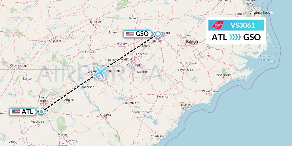 VS3061 Virgin Atlantic Airways Flight Map: Atlanta to Greensboro