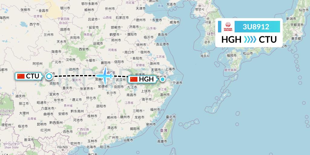 3U8912 Sichuan Airlines Flight Map: Hangzhou to Chengdu