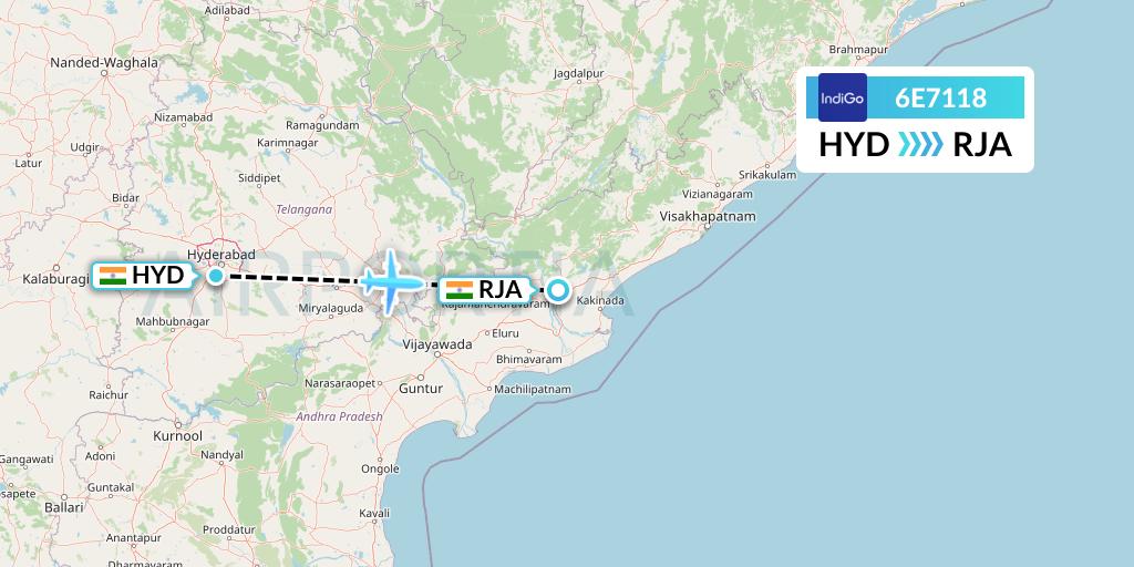 6E7118 IndiGo Airlines Flight Map: Hyderabad to Rajahmundry