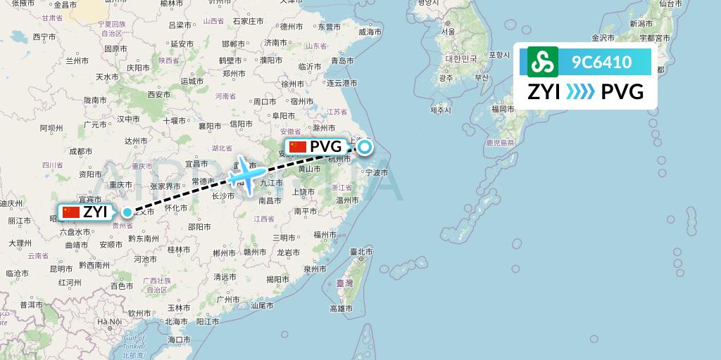 9C6410 Spring Airlines Flight Map: Zunyi to Shanghai