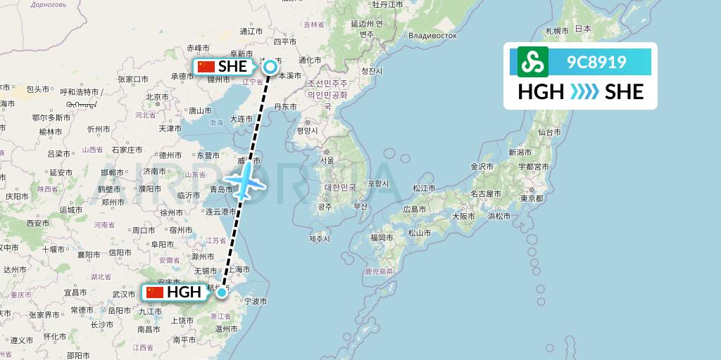 9C8919 Spring Airlines Flight Map: Hangzhou to Shenyang