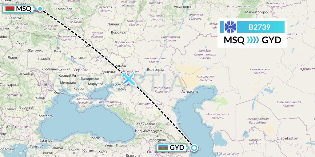 B2739 Belavia Flight Map: Minsk to Baku