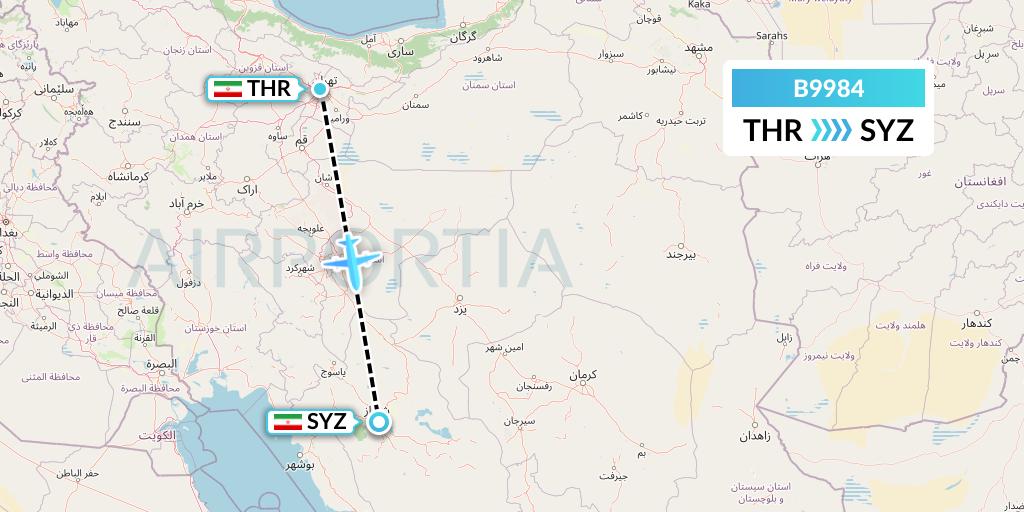 B9984 Iran Air Tours Flight Map: Tehran to Shiraz
