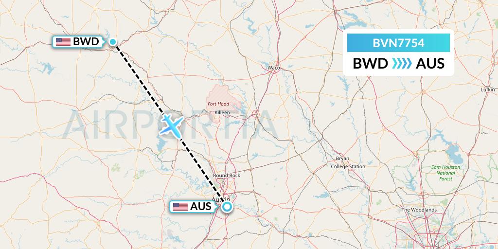 BVN7754 Baron Aviation Services Flight Map: Brownwood to Austin