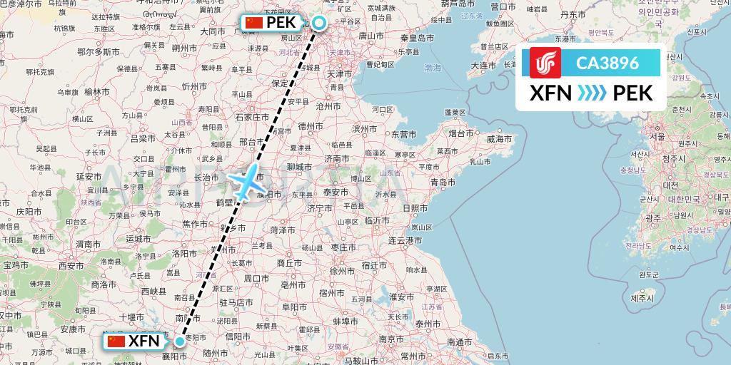 CA3896 Air China Flight Map: Xiangyang to Beijing