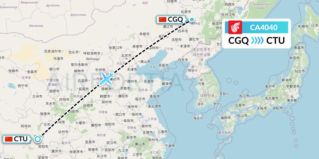CA4040 Air China Flight Map: Changchun to Chengdu