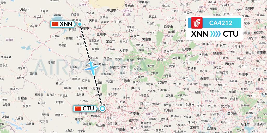CA4212 Air China Flight Map: Xining to Chengdu
