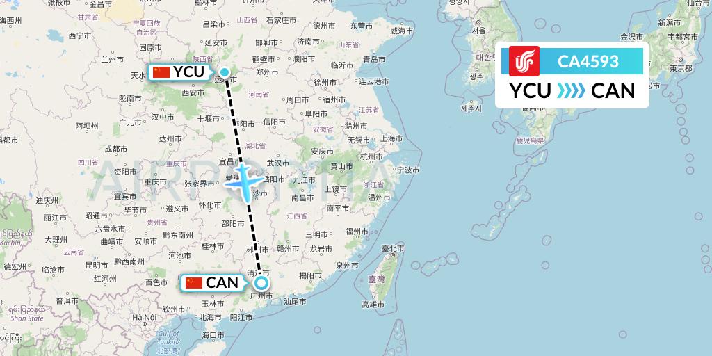 CA4593 Air China Flight Map: Yuncheng to Guangzhou